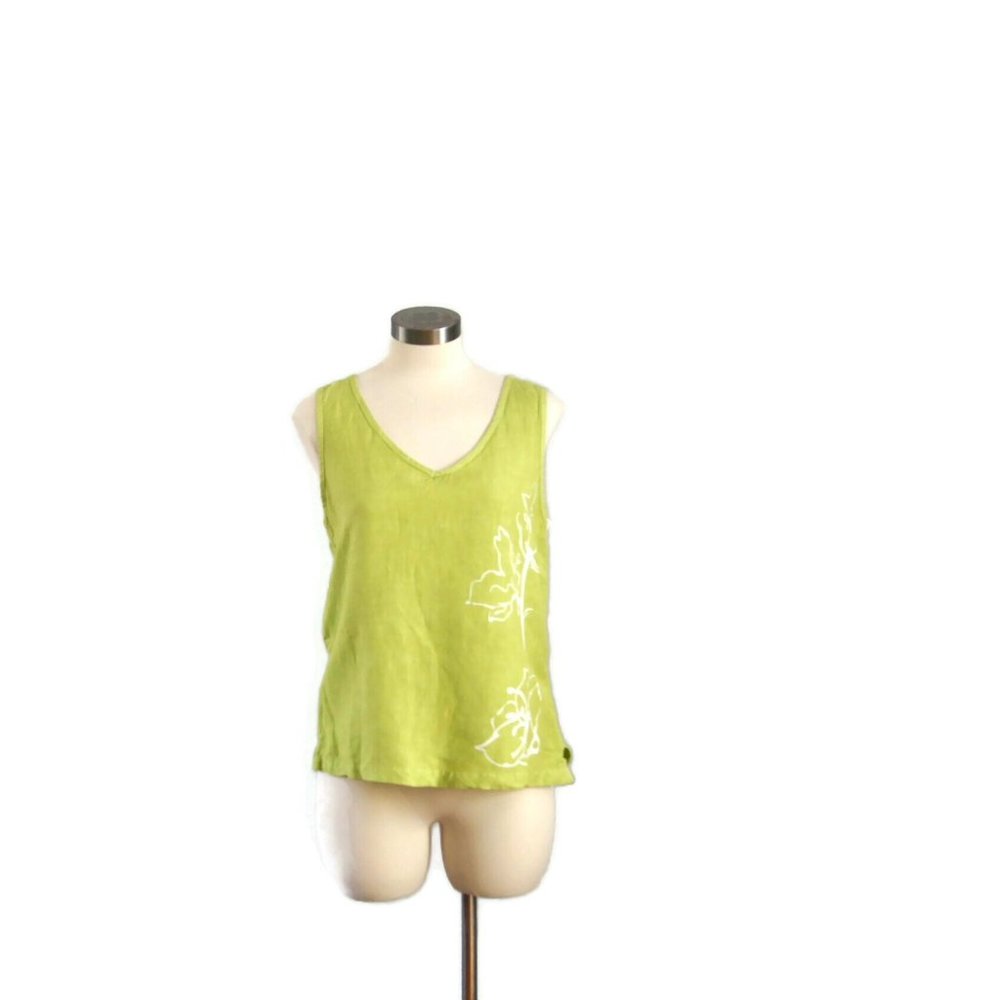 Spirit Resort Blouse Tropical Lime Green Beach Artsy Linen Blend S V-Neck Tank